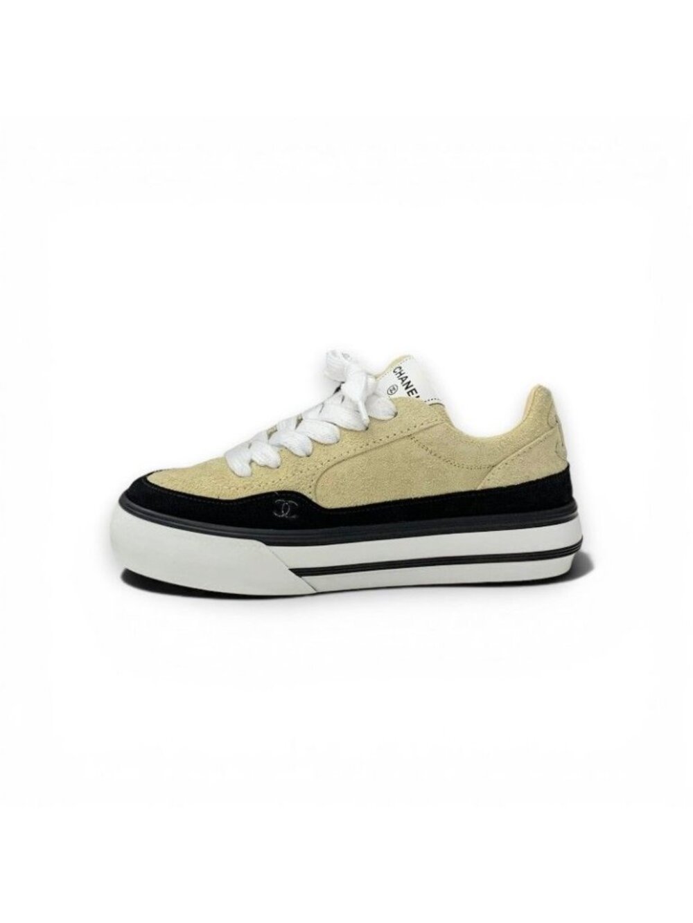 Chanel Sneakers Shoes Suede Beige Black White CC Logo - Picture 3 of 10
